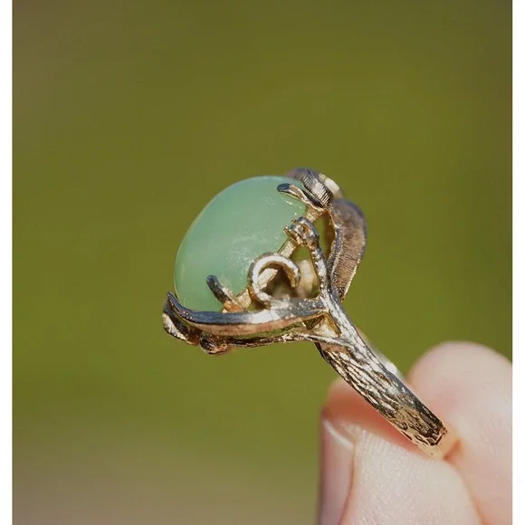 Vintage 10k Solid Gold Natural Untreated Apple Green Jadeite Jade Diamond Ring - Picture 5 of 14